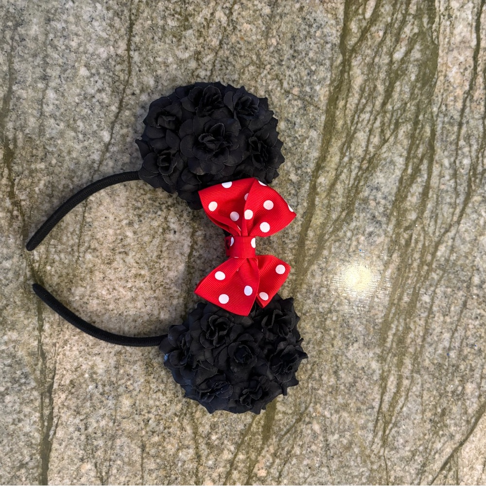 Black Floral Disney Ears with Red Polka Dot Bow